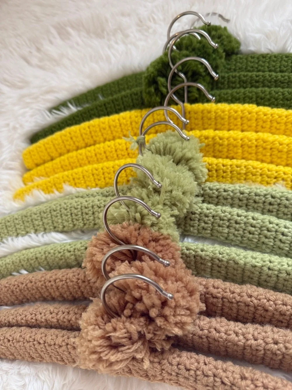 Set of Crocheted Padded Hangers in Brown, Sage, Yellow & Olive